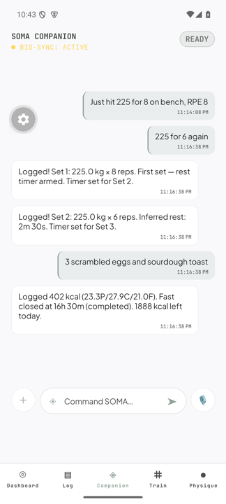 Soma Lumina AI companion conversation — set logging and meal logging in light mode