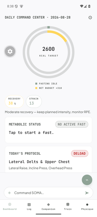 Soma Lumina dashboard — Daily Command Center in light mode with kcal target rings, recovery and strain capsules
