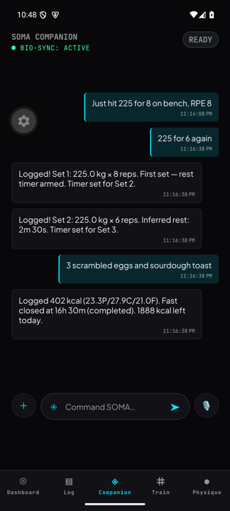 Soma Obsidian AI companion conversation — set logging and meal logging in dark mode