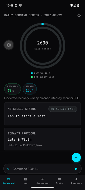 Soma Obsidian dashboard — Daily Command Center in dark mode with cyan and emerald telemetry rings